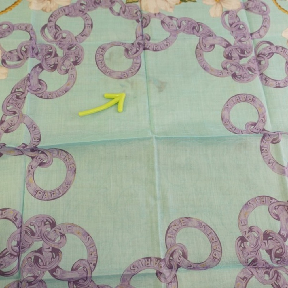 90s VTG CELINE Paris Handkerchief Blue Hibiscus Chain Link Scarf AUTH Luxe 20x19 - Picture 7 of 13